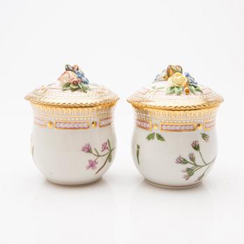 Cream cups with lids and saucers, 2 pcs, "Flora Danica", Royal Copenhagen, Denmark, 20th century.