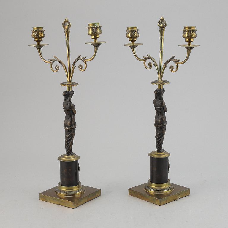 A pair of brass Empire style candle holders, 20th century.
