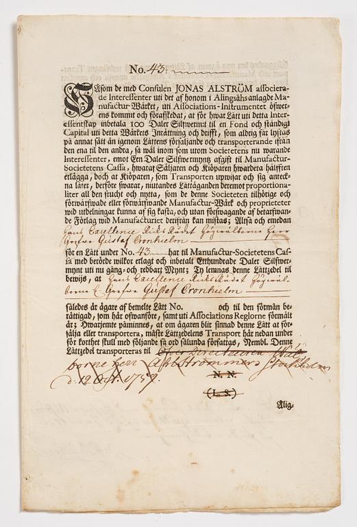 Aktiebrev, Ahlingsåhs Manufaktur Werk (Manufactur-Societet), No 43, 1728.