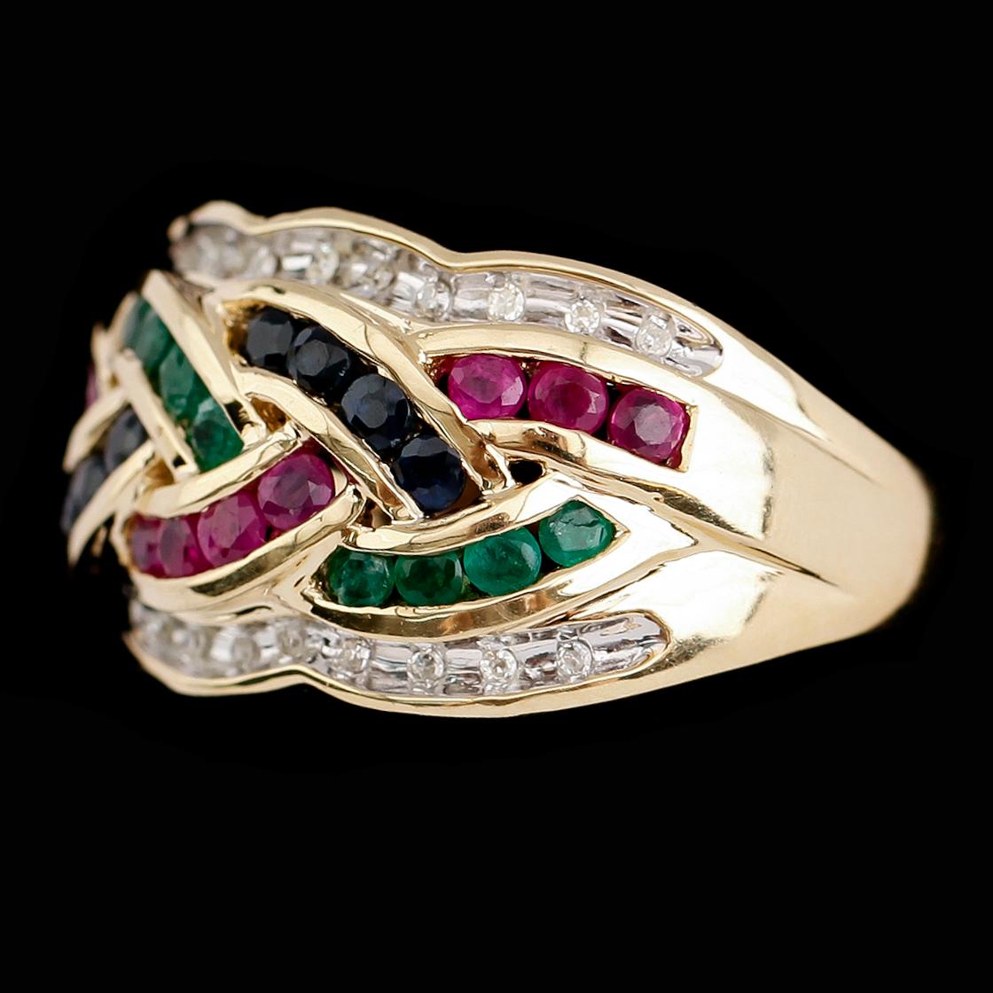 RING, 14 k guld, rubiner, safirer, smaragder och diamanter tot 0.11 ct. Vikt ca 6,8 g.