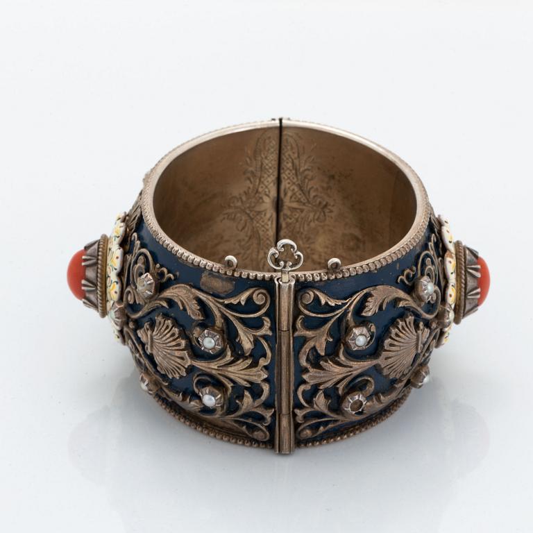 Silver, pearl and coral bangle.