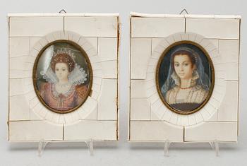MINIATYRER, 2 st, gouacher, efter Bronzino, 1800-/1900-tal.