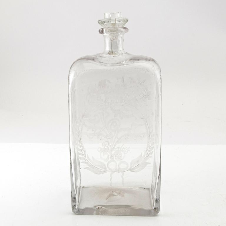 A large Swedish glass bottle, dated Broby, 1856.