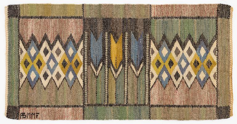 Märta Måås-Fjetterström, vävnad, "Crocus", inplock på linnebotten, ca 52 x 27, signerad AB MMF.