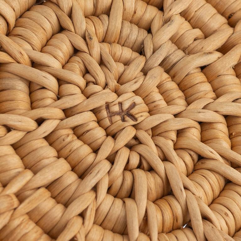 Three small root baskets, two signed.