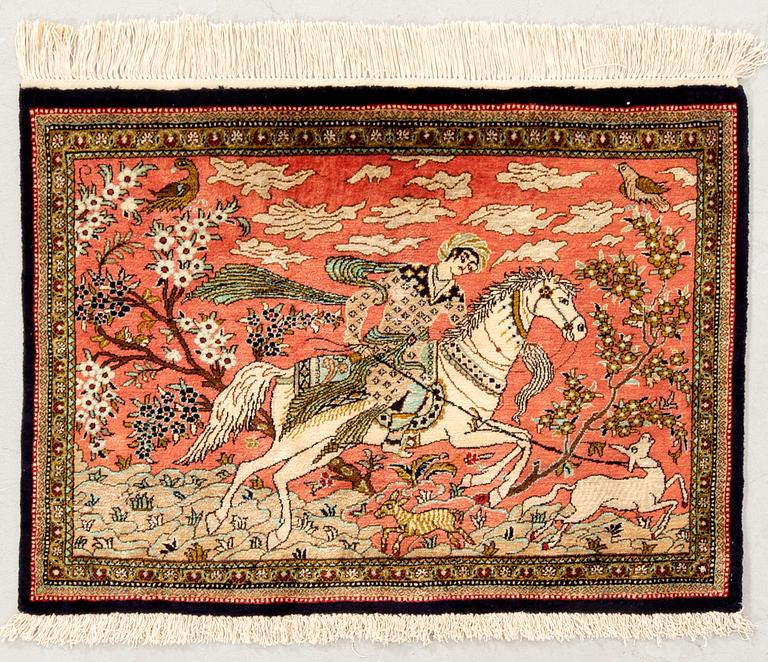 Silk Ghom rug with figurative design, approximately 80x60 cm.