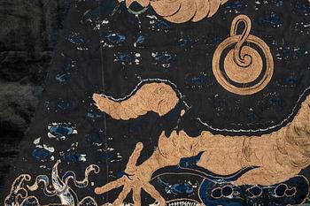 An embrodiered textile with a five clawed dragon, lined with yellow silk, Qing dynasty.