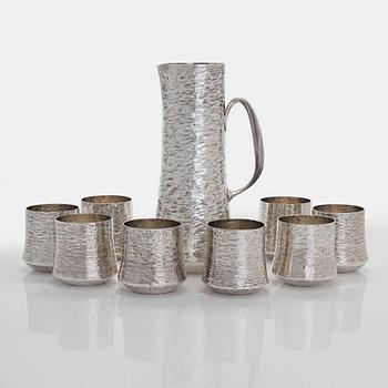 Tapio Wirkkala, a sterling silver pitcher with eight beakers, Hämeenlinna Finland 1973-1978.