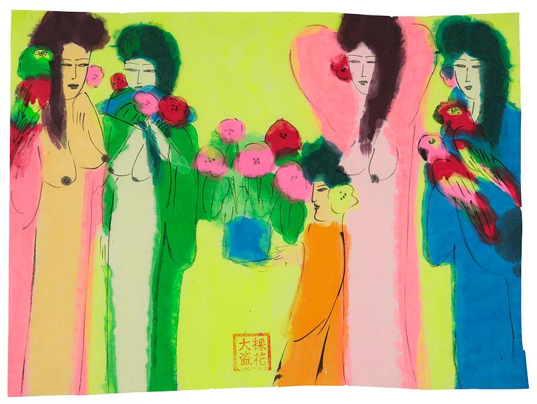 Walasse Ting, Women with Flowers and Birds.