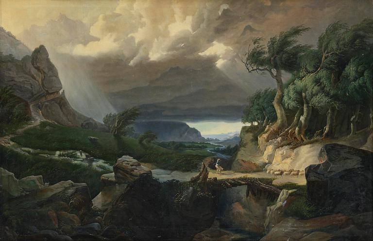 Okänd konstnär, 1800-tal, Oväderslandskap med herdinna och får.