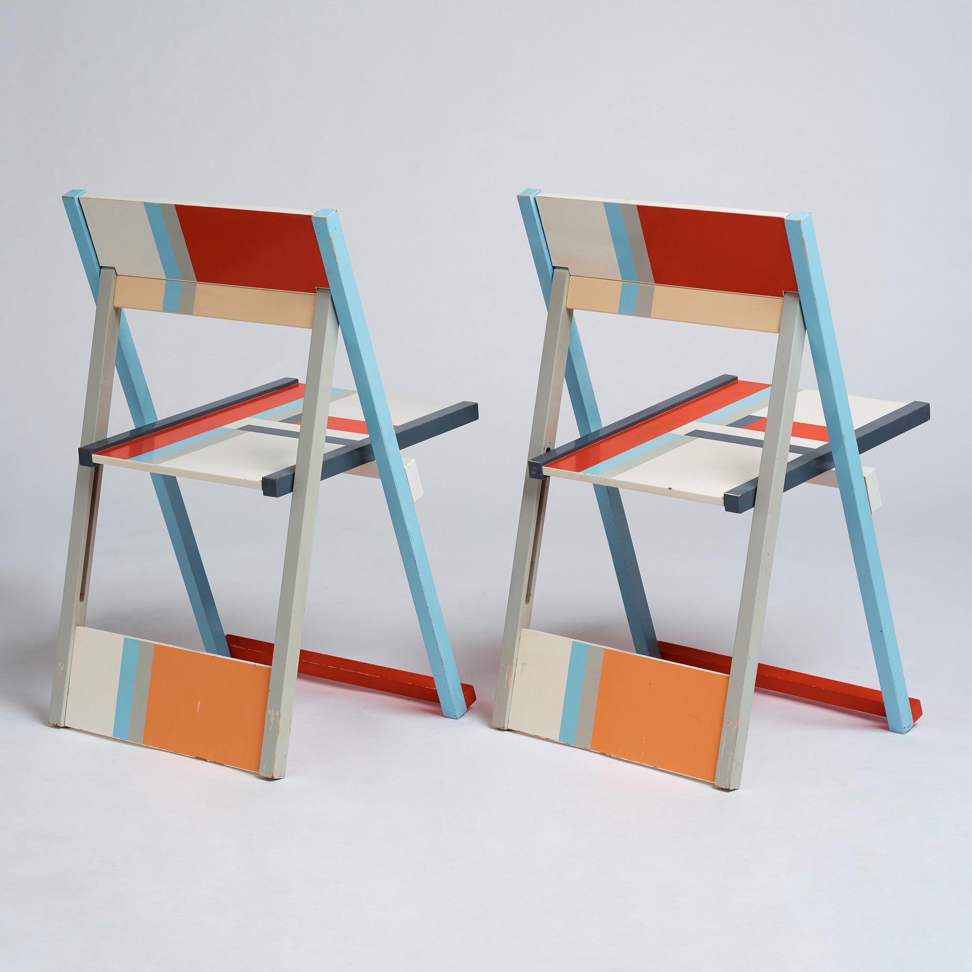 Igor Cronsioe, a pair of folding chairs, "Sudden Seat", ed. 76/95 & 87/95, Futura Gallery, Stockholm, Sweden 1983.