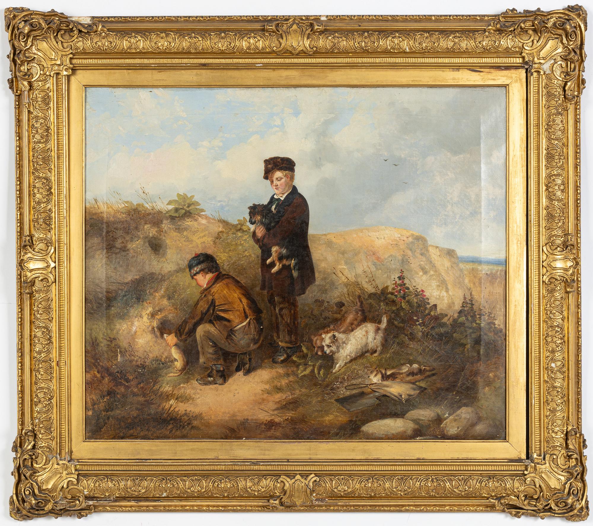 Okänd konstnär 1800-tal. Motiv med pojkar och hundar.