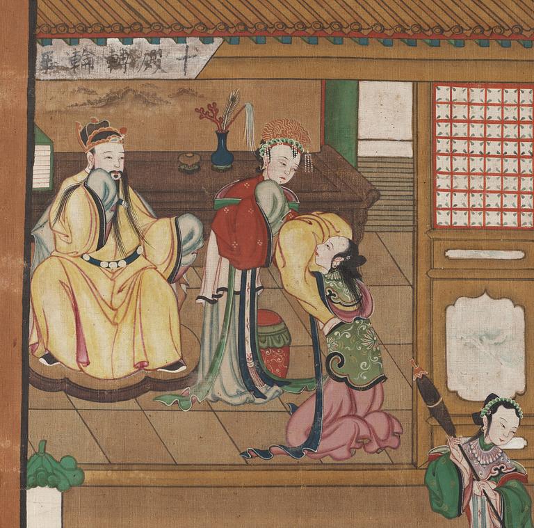 A painting with figures in a garden, Qing Dynasty, late 19th Century.