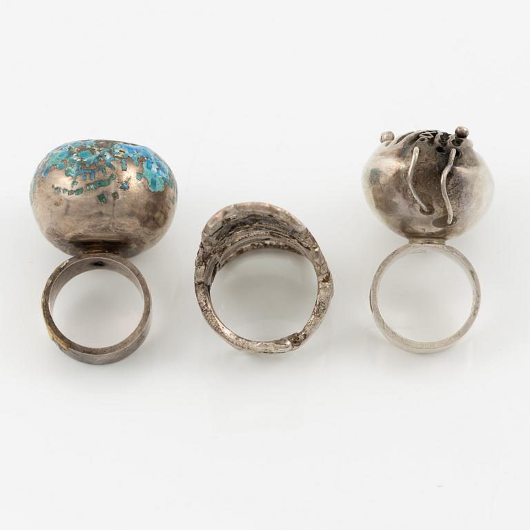 Lars Arby, three rings, sterling silver and enamel, Gothenburg 1966, 1968 and 1970.