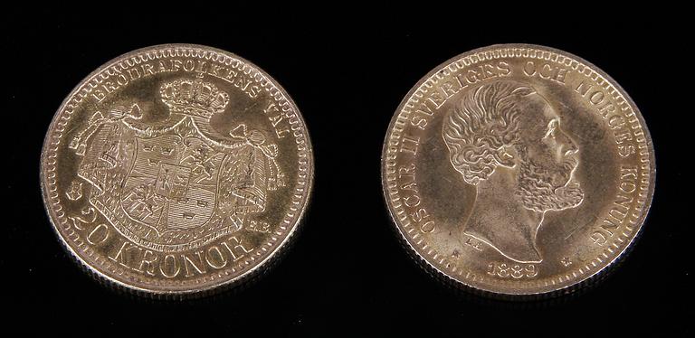 MYNT, 20 kronor, 2 st, guld, Oscar II Sveriges och Norges Konung. 1884 resp 1889. Totalvikt 18 gram.