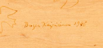Birger Kaipiainen, teckning, tusch på plywood, signerad Birger Kaipiainen 1946.