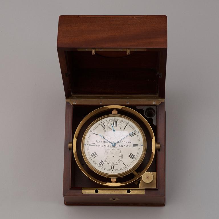 A Victorian mid 19th century mahogany and brass-mounted Parkinson & Frodsham two days Marine Chronometer.