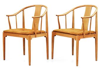 A pair of Hans J Wegner cherrywood 'China' armchairs, Fritz Hansen, Denmark 1966.