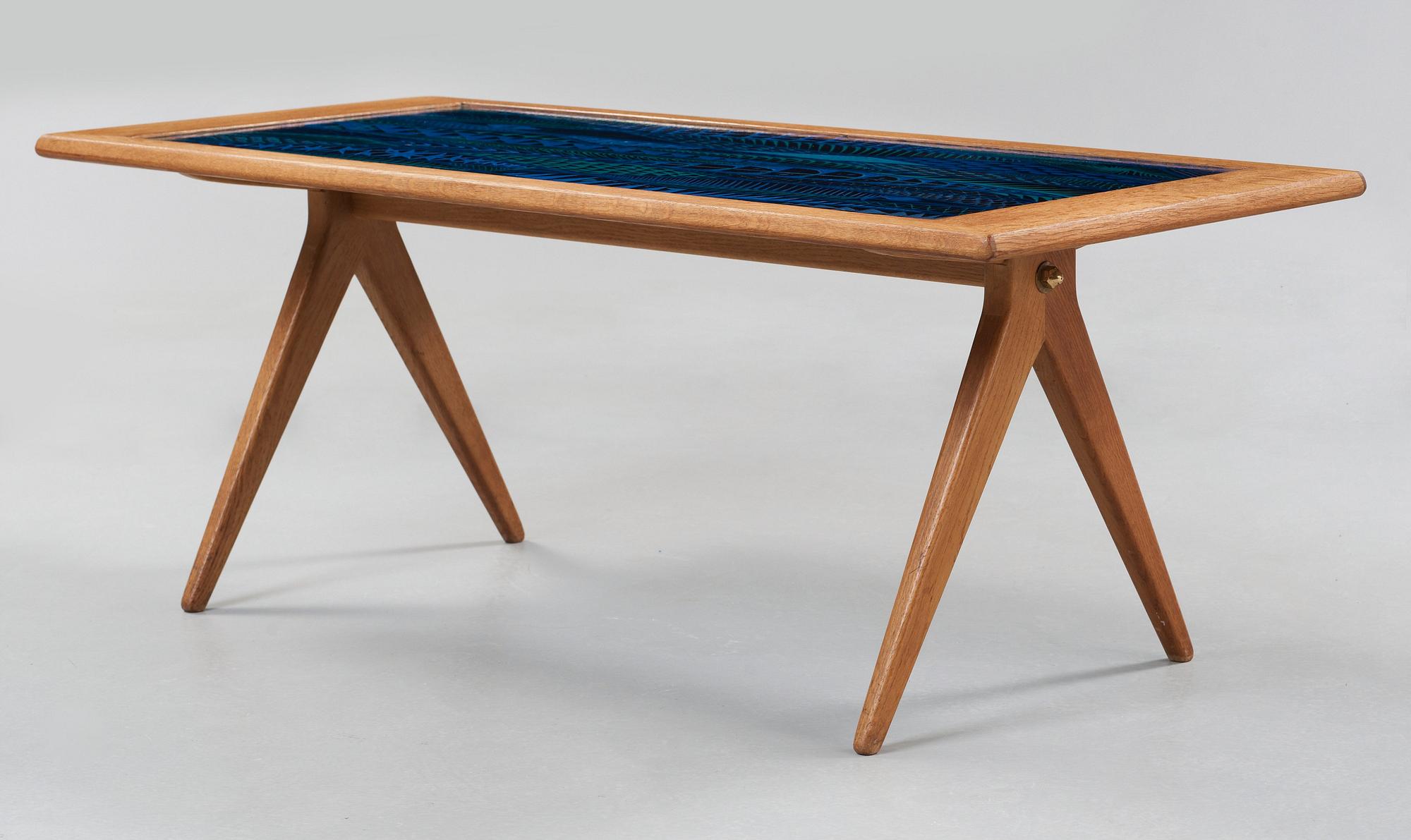 A Stig Lindberg enamel and oak sofa table, Gustavsberg and Nordiska Kompaniet, Triva series, Sweden 1950's.