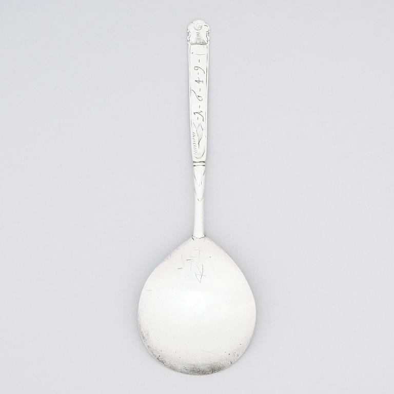 A probably Scandinavian 17th Century silver spoon, unidentified makers mark, engraved 1649.