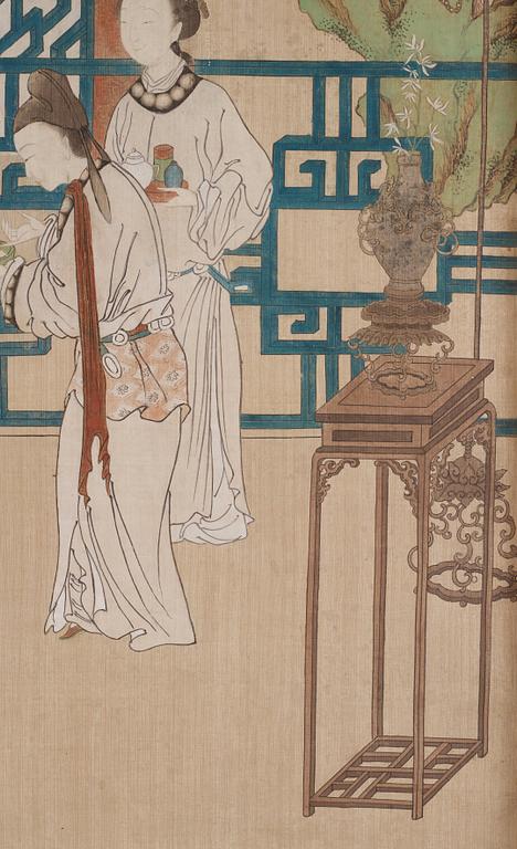 Tang Yin Efter, Elegant dam som gör sin morgontoalett uppassad av två tjänare.