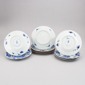 A set of nine blue and white plates, Qing dynasty, 18th Century, and three of them 19th Century.
