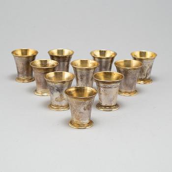 10 silver vodka cups by GAB Stockholm, some 1927.