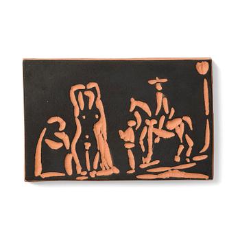 174. Pablo Picasso, a "Personnages et cavalier" (A.R. 540) terracotta plaque, Madoura, Vallauris, France, post 1968.