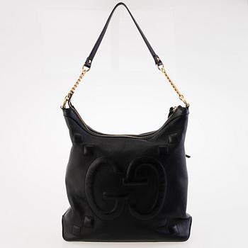 GUCCI Apollo Embossed GG Black Leather Shoulder Bag.