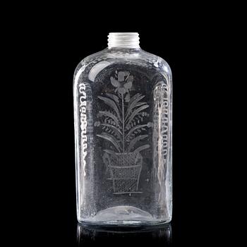 A etched glass bottle, presumably Skånska glasbruket, 1700-tal.