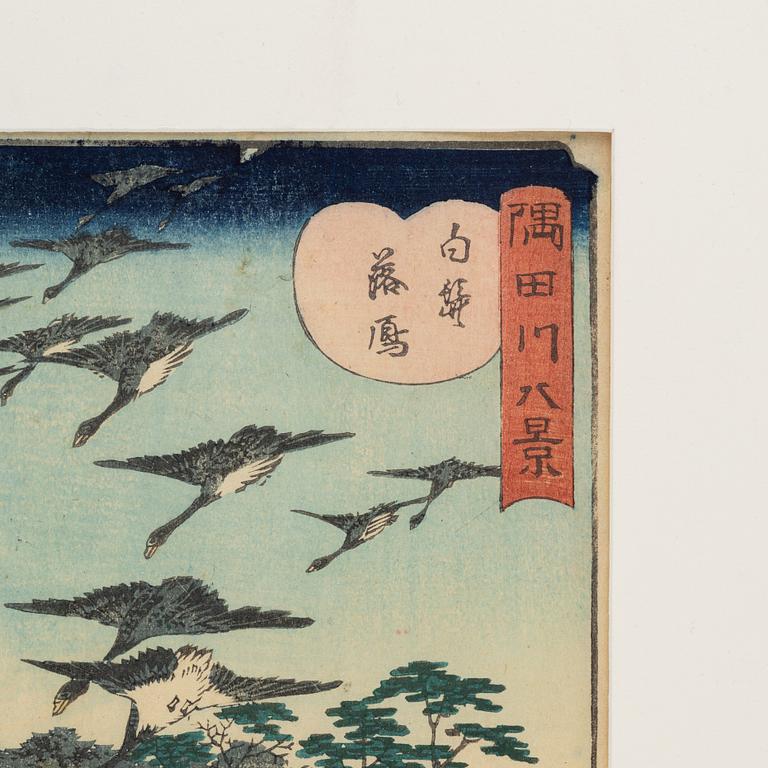 Ando Utagawa Hiroshige, träsnitt, 'Descending Geese at Shirahige'.