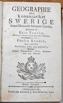 BÖCKER, 3 vol, 1-4, "Geographie öfver Konungariket Swerige", Eric Tuneld, Stockholm, 1792 och 1793.