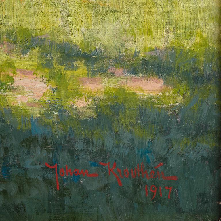 Johan Krouthén, Summer landscape with pecking hens and a wheelbarrow.