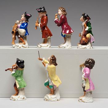 A group of seven 'Affenkapelle' porcelain figurines, Germany, Sitzendorf,  20th Century.