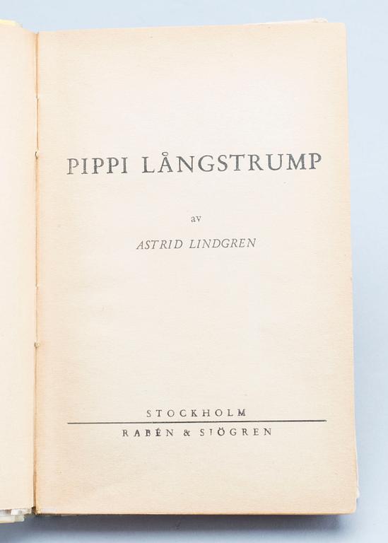 PIPPI LÅNGSTRUMP, Astrid Lindgren, Rabén & Sjögren, Stockholm 1945. Första upplagan.