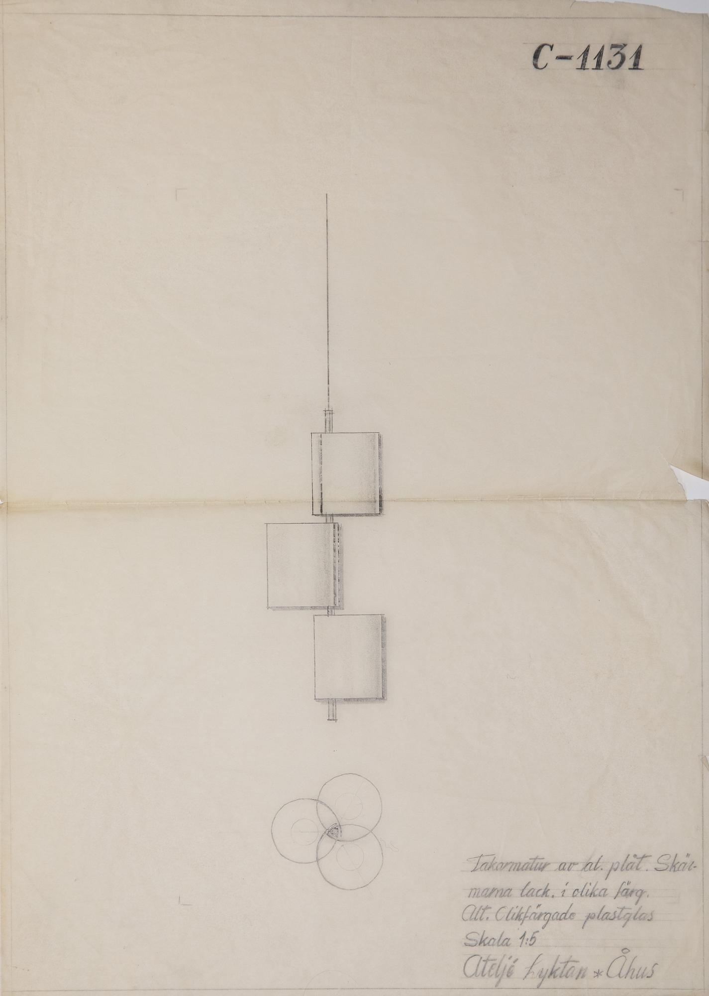 Hans Bergström, taklampa, modell "C-1131", ateljé Lyktan, Åhus 1950-60-tal.