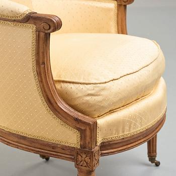 A pair of Louis XVI late 18th century bergeres by Claude Lerat (master in Paris 1785).