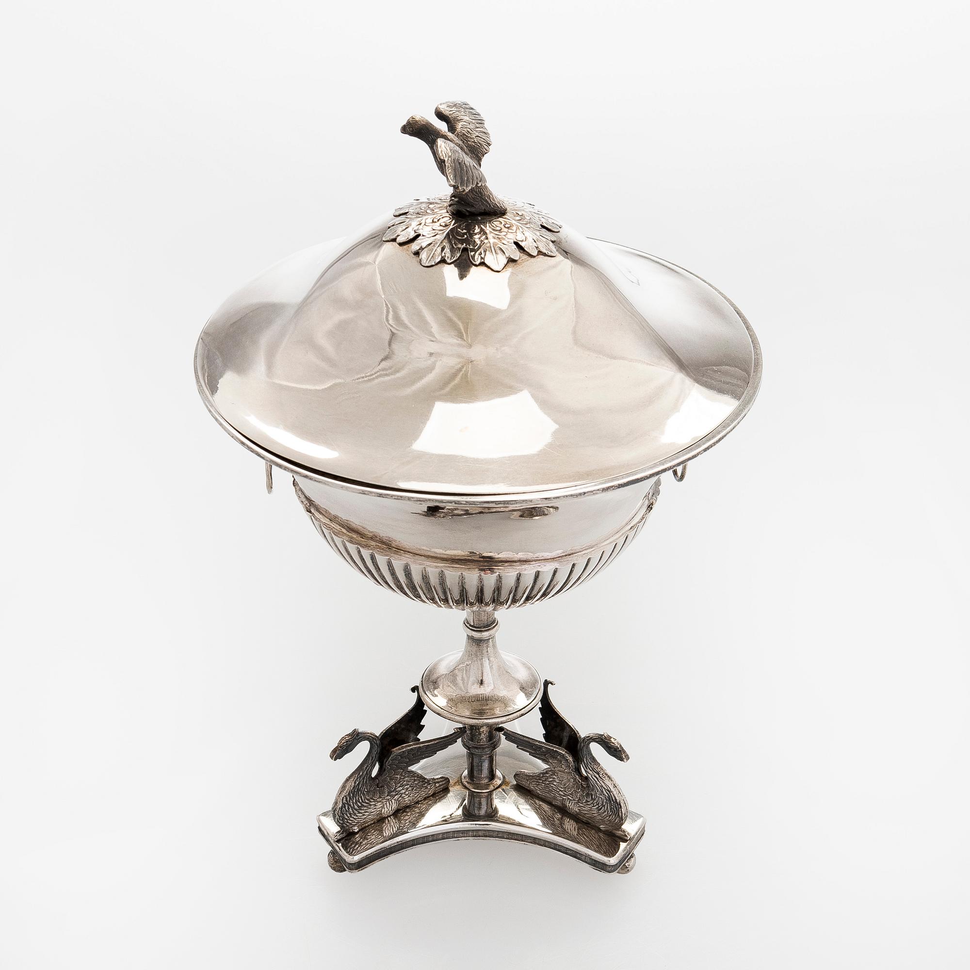An Empire Style silver sugar bowl with lid, maker's mark of Carl Gustaf Herpel, Stockholm 1818.