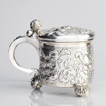 Johan Hansson Teelning, dryckeskanna, silver, (verksam i Norrköping 1661-1711), före 1700. Barock.