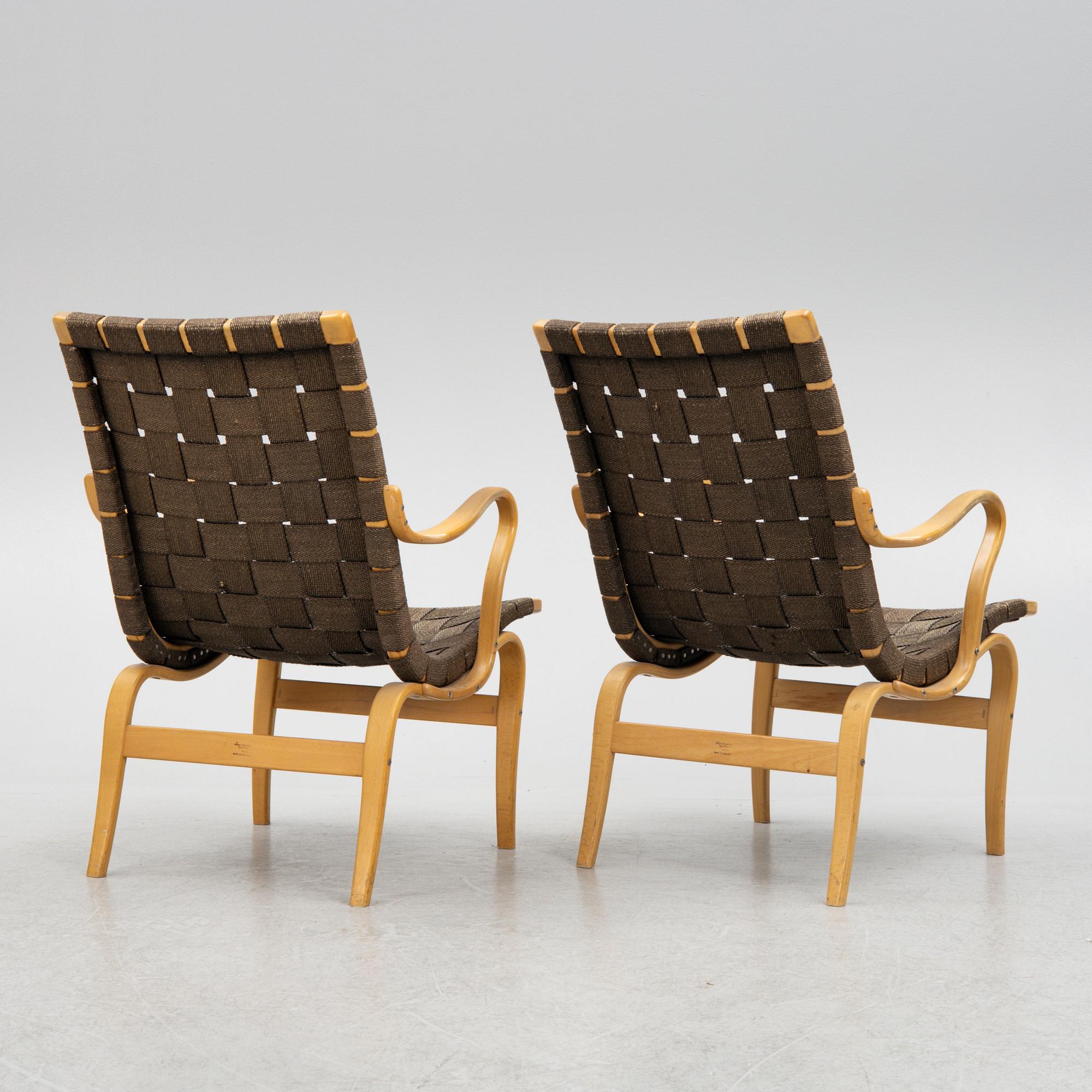 Bruno Mathsson, a pair of 'Eva' armchairs, Firma Karl Mathsson, Värnamo, 1960-61.
