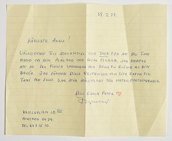 BREV från Ingmar Bergman till dottern Anna i Stockholm, daterat Karlaplan 10, 19.2.(19)99. Kuvert medföljer.