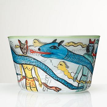 Ulrica Hydman-Vallien, a unique painted glass bowl, Kosta, Sweden 1980’s.