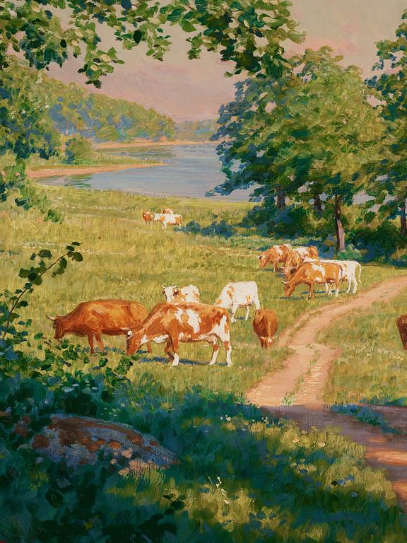 Johan Krouthén, Sunlit landscape with cows.