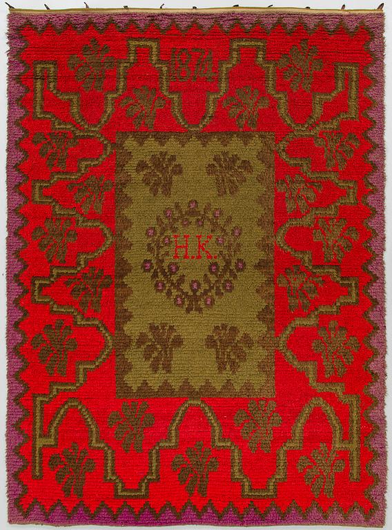 Ryijy, kansanomainen, päivätty 1874. Noin 194 x 140 cm.