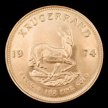 GULDMYNT, finguld, Krugerrand, Sydafrika, 1974. Vikt 34 gr.