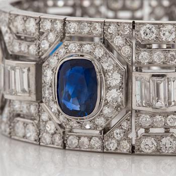 An Art Deco old- and baguette- cut diamond and sapphire cuff bracelet.