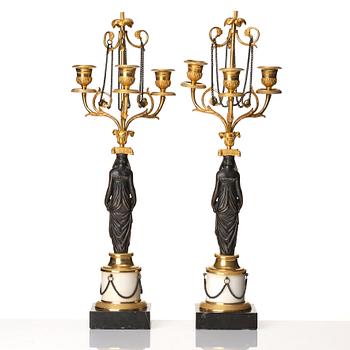 A pair of late Gustavian circa 1800 three-light candelabra, attributed to F L Rung.