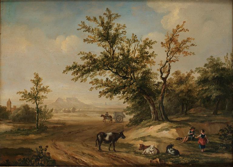 Pastoralt landskap med rastamnde figurer och boskap.