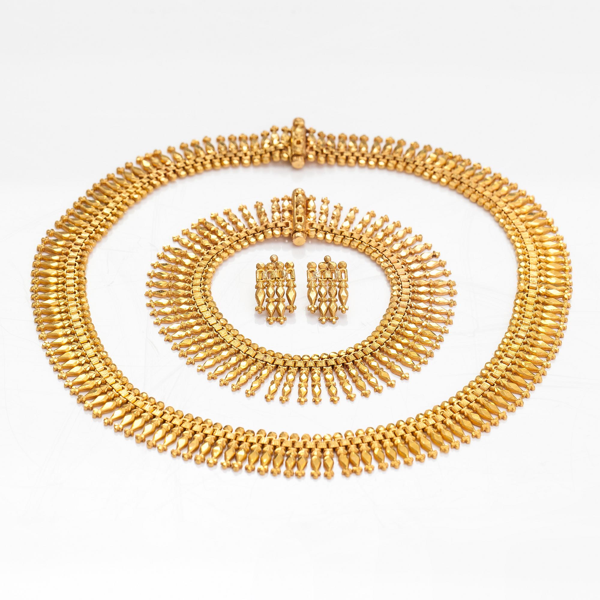 Halsband, armband och örhängen, 14-21K guld.
