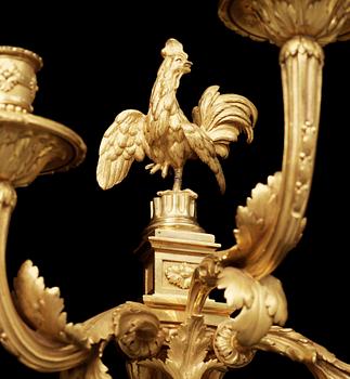 A pair of Louis XVI gilt bronze three-light wall-lights attributed to Jean-Louis Prieur, Paris circa 1770.